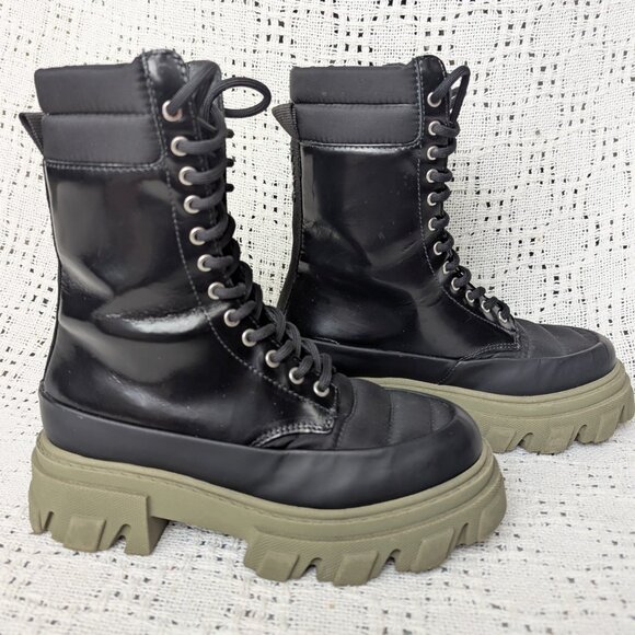 GANNI Ankle Combat Boots US5 EU35 Black Leather and Quilted Nylon - Picture 3 of 7